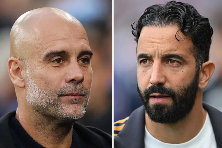 Pep Guardiola, manager of Manchester City and Ruben Amorim, head coach of Manchester United