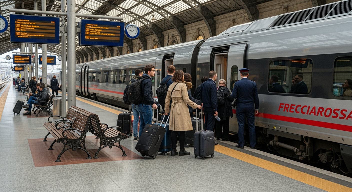 Modern Italian high-speed train at a busy station platform, with travelers and elegant station architecture, symbolizing efficient inter-city travel in Italy.