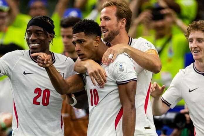 England celebrating their goal against Croatia