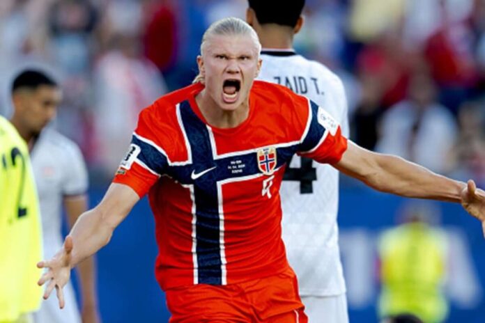 Halaand celebrating his goal against Iraq