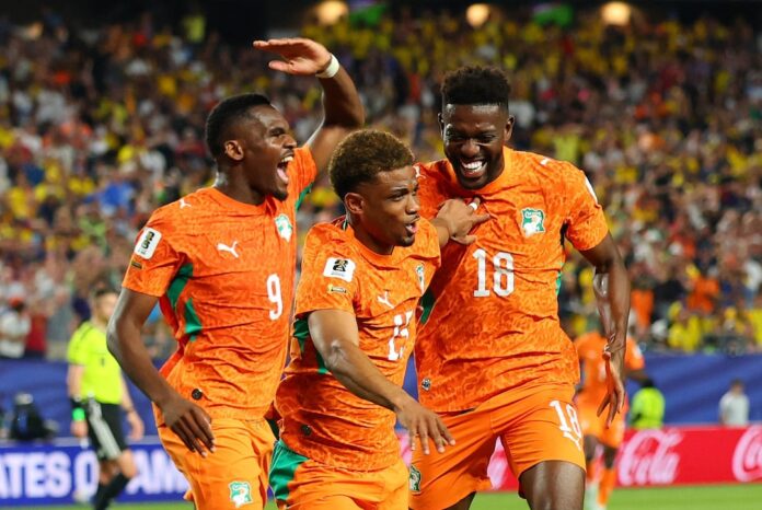 Ivory Coast celebrating their goal against Ecuador World Cup