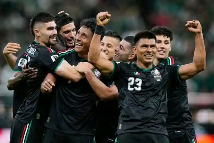 Mexico celebrating their goal against South Korea