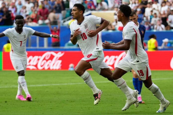Jude Bellingham celebrating his goal against France