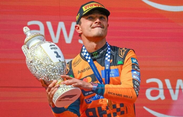 Lando Norris celebrating his Hungarian Grand Prix title