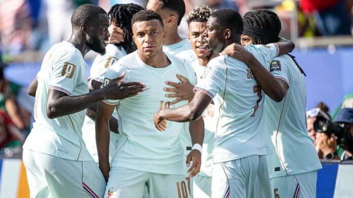 Mbappe celebrating with French teammates World Cup