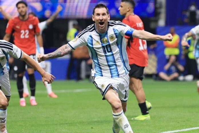 Messi celebrating his goal against Egypt.