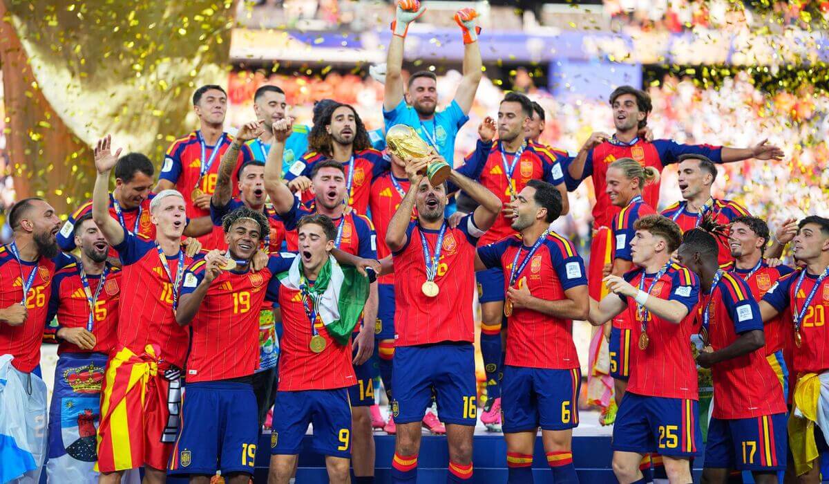 Spain celebrating their World Cup trophy