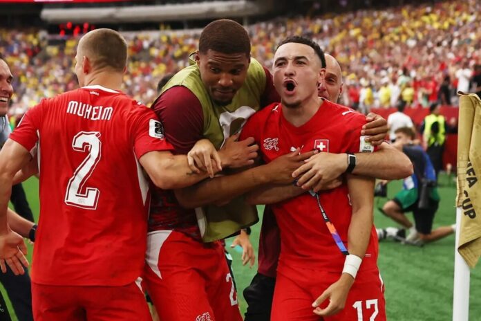 Switzerland players celebrating Switzerland players celebrating during World Cup Round of 16 match against Colombia